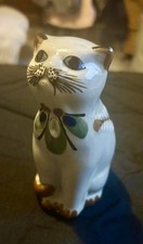 VINTAGE MEXICAN POTTERY CAT with a bird and traditional hand painted flowers 