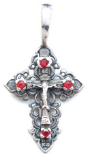 Sterling Silver Orthodox Cross Crucifix With Red Rhinestones (2.6 gram)