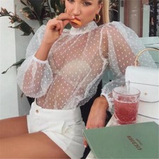 Woman Mesh Blouse See Through Shirt Women Puff Sleeve Blouse