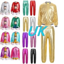 Kids Girls Shiny Metallic Hip Hop Latin Jazz Dance Sparkle Sequins Tracksuit Set