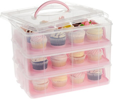 3 Tier Cupcake Carrier with Lid and Handle, Holds 36 Cupcakes (Pink, 13.5 X 10.2