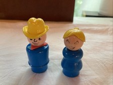 Vintage Fisher Price Little People Farmer Cowboy Blue Yellow Hat Red Scarf + Mom