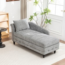 Grey Chenille Chaise Longue Sofa with Storage Box Padded Lounge Chair Daybed UK