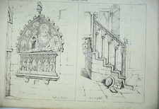 Old Antique Print Italy Architecture Tomb Cloisters Stairs Pulpit Church 19th