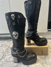 New Rock   Skull  Chunky Heel Black Mid Calf Goth Boots Uk 6 Eu 39