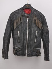 Volta Campri leather fringe biker jacket S black patchwork