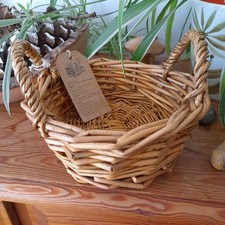Vintage Hand crafted Wicker Basket With Handles Round Country Cottagecore 