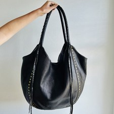 Linea Pelle Black Leather Hobo Handbag Studded Accents Fringe Harley Look Large