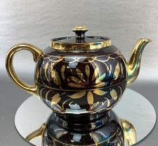 Ellgreave  Vintage Gold Floral Black Med Teapot Pottery Tea England 4c