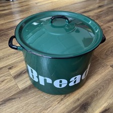 Large Round Green Metal Enamel Vintage Bread Bin, Lid and Side Handles VGC