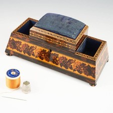Tunbridge Ware Pin Cushion and Reel or Silk Box c1850