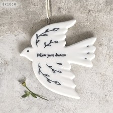 East of India Ceramic Dove Bird Follow your Dreams Tree Hanging Decoration 8x8cm