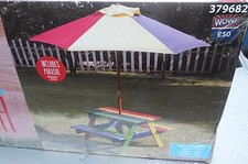 Chidrens Picnic Table Wooden +2 Rainbow Garden Benches + Parasol Set Boxed & New