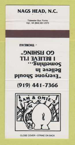 Matchbook cover sam omie - cover, &