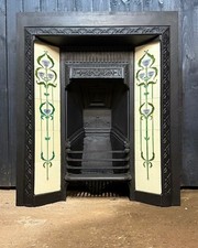 Antique Victorian  Cast Iron Tiled Fireplace Insert with Art Nouveau Tiles B25