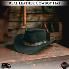 Geniune Leather Cowboy Hat Black Wide Brim Cowgirl Hat With Adjustable Chinstrap