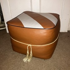Vintage Mid-Century Tan & Cream Stripe Vinyl Pouffe Footstool Retro 60's MCM