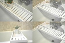 White Bath Rack Bamboo Wooden Over BathTub Tray Shelf Bathroom Storage Organizer