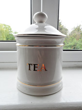 Hornsea Pottery tea cannister white with gold lettering 19cms high