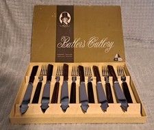Vintage 12 Piece Teak Handle Fish Cutlery Set by George Butler Sheffield