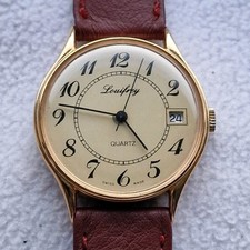 Vintage Louifrey Men's Gold Swiss Made Quartz Date Watch W/ Leather Strap -READ!