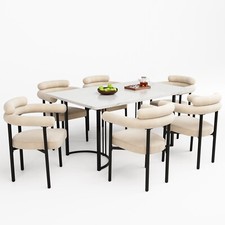 Dining Table and Chairs Set 6, Marble Effect Table with Beige Upholstered Chairs