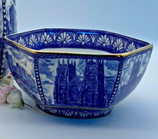 Vintage Wade Bowl Ringtones Cathedral Porcelain Blue White Hexagonal