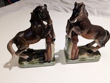 Pair HORSES Jumping Book Ends Ceramic Equestrian Vintage 16 cms Tall  No Chips