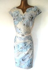 Joseph Ribkoff  Pencil floral dress 12 blue & ecru belted notch neck PARTY (7727