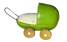 Vintage German Green Painted Wooden Tiny Doll’s House Pram - Moving Wheels
