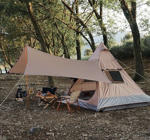 Tent with awning - with, person