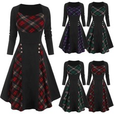 Womens Plaid Tartan Skater Dress Gothic Party Steampunk Swing Dresses Costume