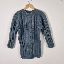Vintage Aran Knit Jumper Womens Large Blue Wool Fisherman Cable Knitted Sweater