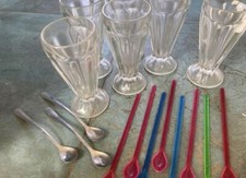 6 X Vintage Tall Knickerbocker Glory Ice Cream Sundae Milkshake Glasses & Spoons