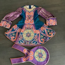 Irish Dance Solo Dress Teal Purple Gold Sequins Rhinestones Youth READ
