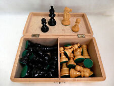 ANTIQUE STAUNTON CHESS SET, WOOD, ORIGINAL HINGED BOX, 3.25" KING, WEIGHTED