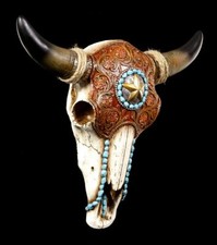 Wall Relief - Rinderschädel With Indian Jewelery - Fantasy Western Bull Skull