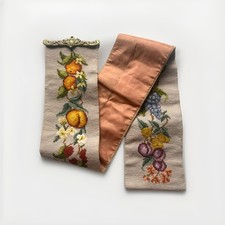 Vtg needlepoint bell pull With Brass Hanger Fruit & Flower Motifs