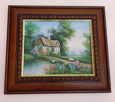 Framed Oil Painting On Canvas of A Beautiful Thatched Cottage Signed By Marten