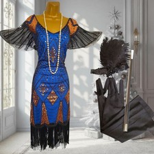 Blue & Gold Sequin Flapper Art Deco Dress size 16 Fringe Hem Gatsby Outfit