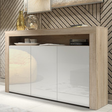 Oak White Sideboard 155cm High Storage Cabinet Modern Matt Body Gloss Doors