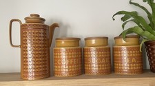 Vintage Hornsea Saffron Coffee Pot & Coffee, Sugar, Tea Storage Jars 1970s Retro