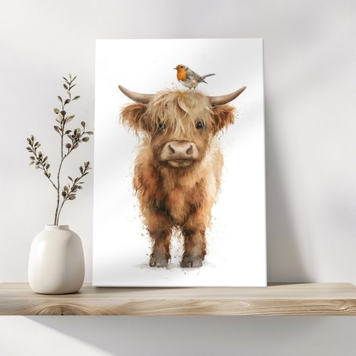 Highland cow robin canvas - robin,