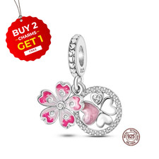 Lucky Clover Pink Cherry Blossom Dangle S925 Sterling Silver Charm for Women