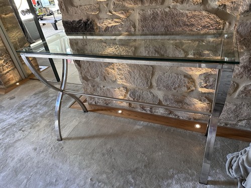 Chrome and glass console table - and,