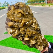 6.11LBShiny Golden Cuboid Barite Crystal Based on the Purple Spherical Fluorite