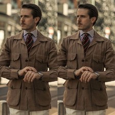 Vintage Brown Retro Men Suit Safari Jacket Hunting Coat Outdoor Wear Two Pieces