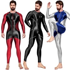 AMORESY Men Satin Glitter Tracksuits Patchwork Catsuits Fitness Zentai Bodysuits