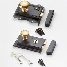 VINTAGE RETRO CLASSIC STYLE BLACK RIM DOOR LOCK AND BRASS RIM KNOB SET HANDLES
