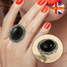 Vintage Boho Oval Shape Black Onyx Stone Open Adjustable Band Women Fashion Ring